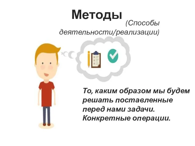 (Способы деятельности/реализации) То, каким образом мы будем решать поставленные перед нами задачи. Конкретные операции. Методы