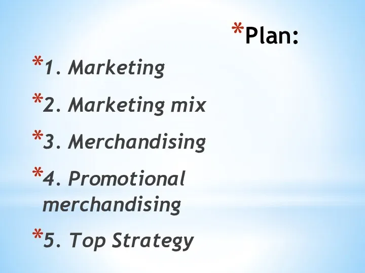 Plan: 1. Marketing 2. Marketing mix 3. Merchandising 4. Promotional merchandising 5. Top Strategy