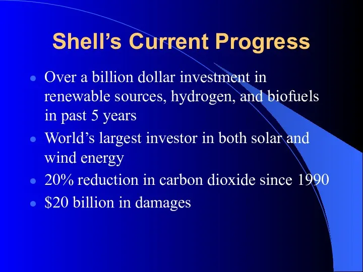 Shell’s Current Progress Over a billion dollar investment in renewable