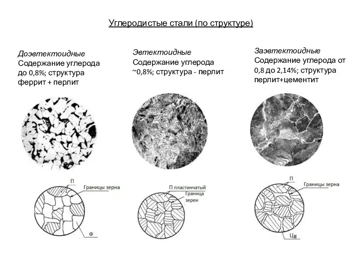 Углеродистые стали (по структуре) Доэвтектоидные Содержание углерода до 0,8%; структура