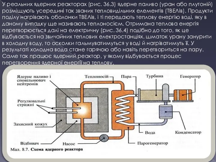 У реальних ядерних реакторах (рис. 36.3) ядерне паливо (уран або плутоній) розміщують усередині