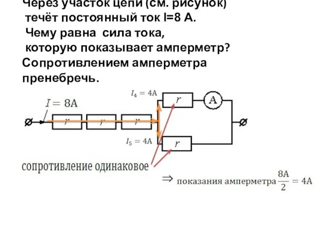 Через участок цепи (см. рисунок) течёт постоянный ток I=8 А.