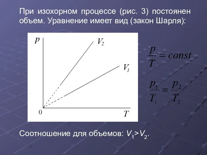 При изохорном процессе (рис. 3) постоянен объем. Уравнение имеет вид (закон Шарля): Соотношение для объемов: V1>V2.