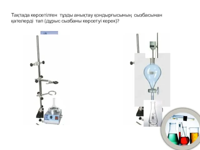 Тақтада көрсетілген тұзды анықтау қондырғысының сызбасынан қателерді тап (дұрыс сызбаны көрсетуі керек)?