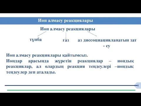 Ион алмасу реакциялары Ион алмасу реакциялары қайтымсыз. Иондар арасында жүретін