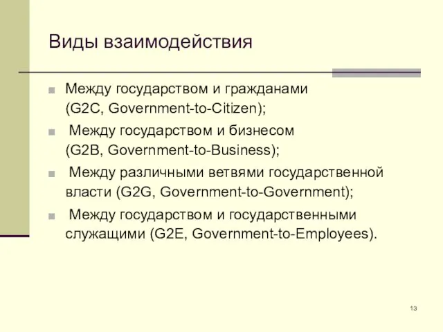 Виды взаимодействия Между государством и гражданами (G2C, Government-to-Citizen); Между государством