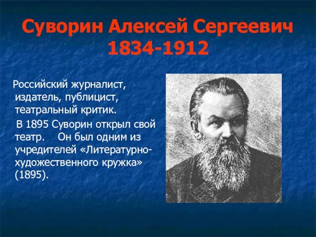Суворин Алексей Сергеевич 1834-1912 Российский журналист, издатель, публицист, театральный критик. В 1895 Суворин