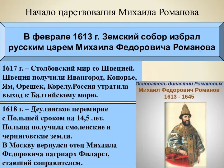 Начало царствования Михаила Романова В феврале 1613 г. Земский собор избрал русским царем