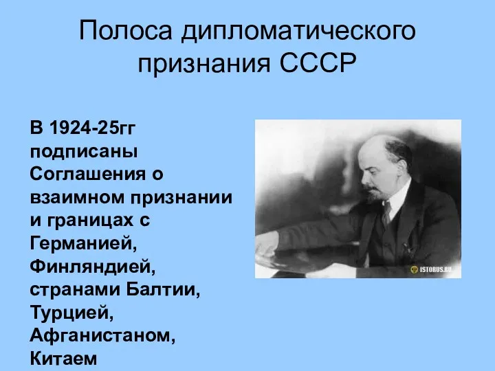 Полоса дипломатического признания СССР В 1924-25гг подписаны Соглашения о взаимном