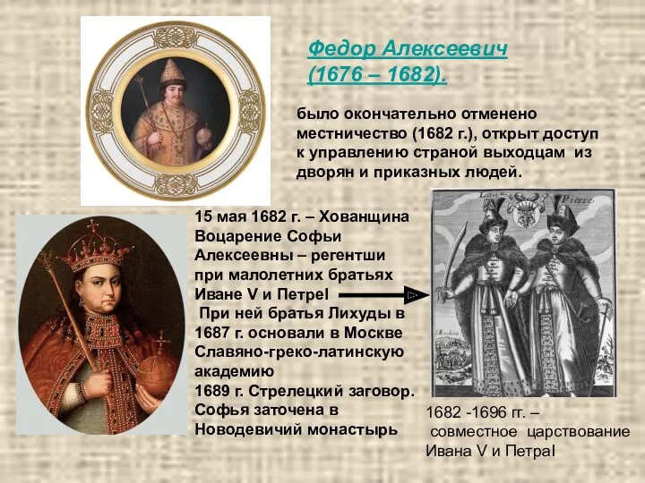 Федор Алексеевич (1676 – 1682). было окончательно отменено местничество (1682 г.), открыт доступ