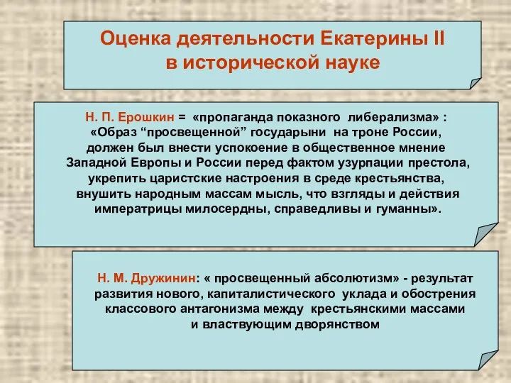 Оценка деятельности Екатерины II в исторической науке Н. М. Дружинин: « просвещенный абсолютизм»