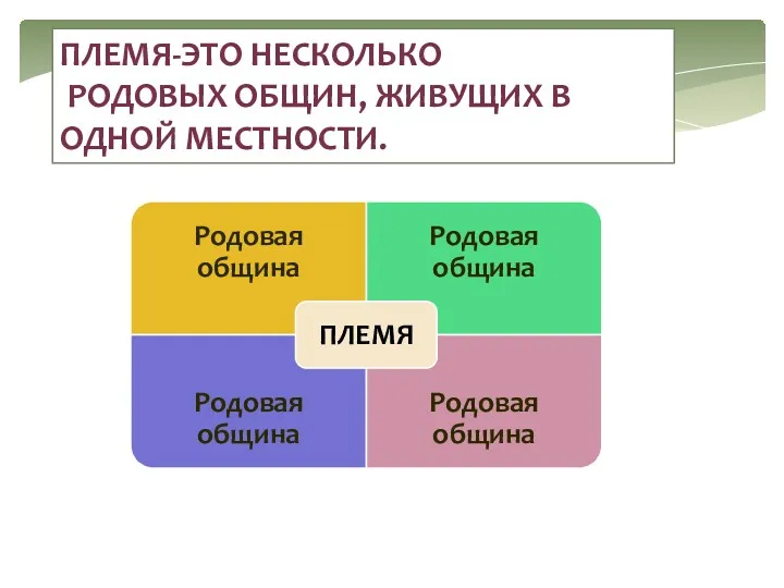 ПЛЕМЯ-ЭТО НЕСКОЛЬКО РОДОВЫХ ОБЩИН, ЖИВУЩИХ В ОДНОЙ МЕСТНОСТИ.