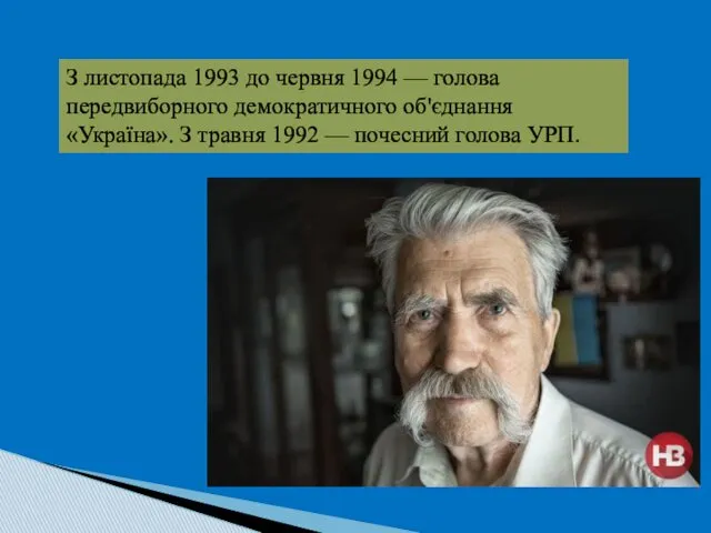 З листопада 1993 до червня 1994 — голова передвиборного демократичного об'єднання «Україна». З