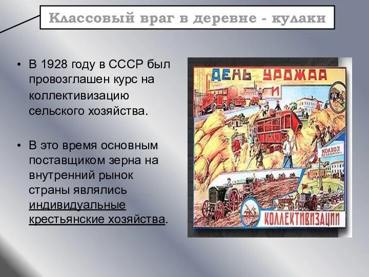 В 1928 году в СССР был провозглашен курс на коллективизацию