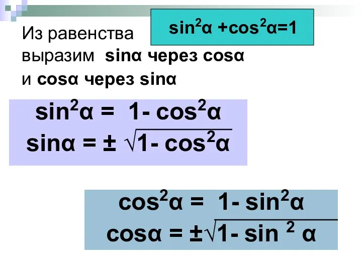 Из равенства выразим sinα через cosα и cosα через sinα