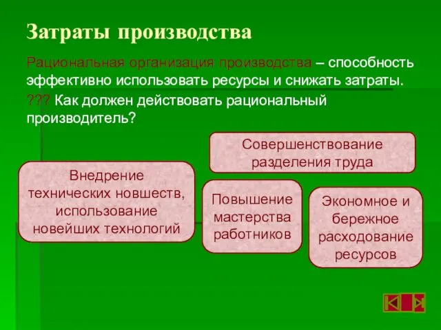 Затраты производства Рациональная организация производства – способность эффективно использовать ресурсы