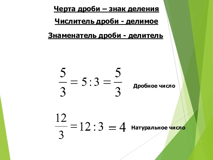 Черта дроби – знак деления Числитель дроби - делимое Знаменатель