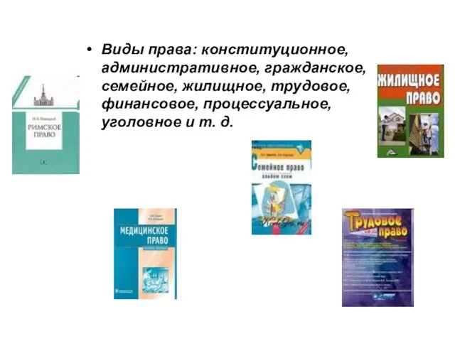 Виды права: конституционное, административное, гражданское, семейное, жилищное, трудовое, финансовое, процессуальное, уголовное и т. д.