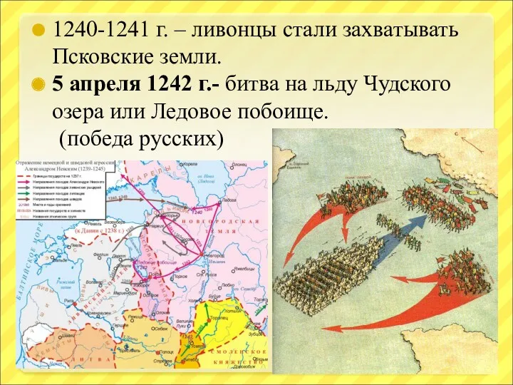1240-1241 г. – ливонцы стали захватывать Псковские земли. 5 апреля 1242 г.- битва