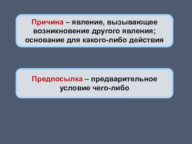 Предпосылка – предварительное условие чего-либо Причина – явление, вызывающее возникновение другого явления; основание для какого-либо действия