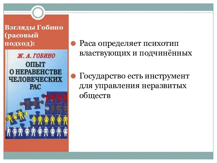 Взгляды Гобино (расовый подход): Раса определяет психотип властвующих и подчинённых Государство есть инструмент