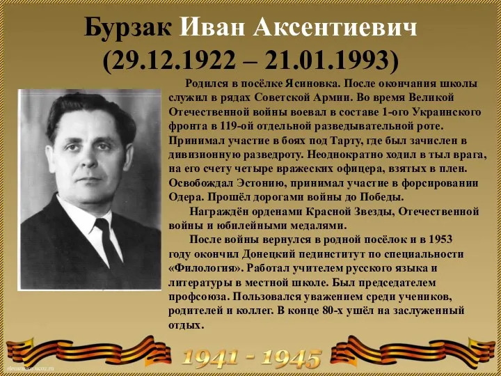 Бурзак Иван Аксентиевич (29.12.1922 – 21.01.1993) Родился в посёлке Ясиновка.