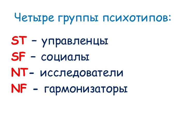 Четыре группы психотипов: ST – управленцы SF – социалы NT- исследователи NF - гармонизаторы