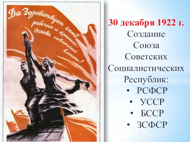 30 декабря 1922 г. Создание Союза Советских Социалистических Республик: РСФСР УССР БССР ЗСФСР