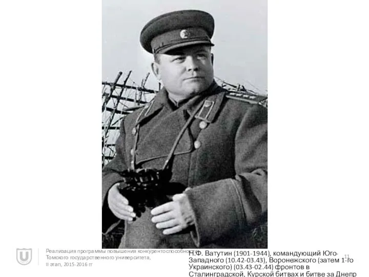 Н.Ф. Ватутин (1901-1944), командующий Юго-Западного (10.42-03.43), Воронежского (затем 1-го Украинского) (03.43-02.44) фронтов в