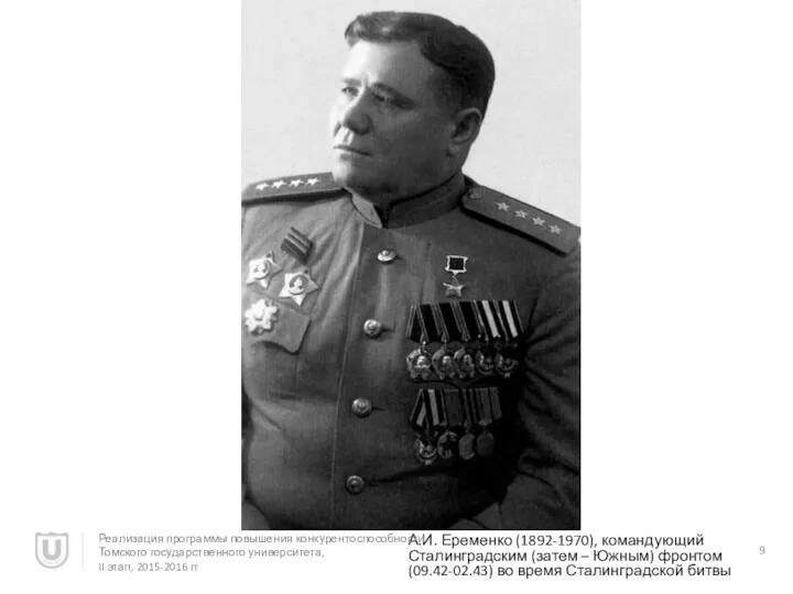 А.И. Еременко (1892-1970), командующий Сталинградским (затем – Южным) фронтом (09.42-02.43) во время Сталинградской