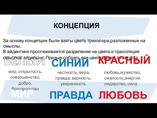 За основу концепции были взяты цвета триколора,разложенные на смыслы. В