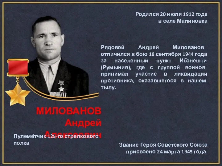 МИЛОВАНОВ Андрей Алексеевич Родился 20 июля 1912 года в селе