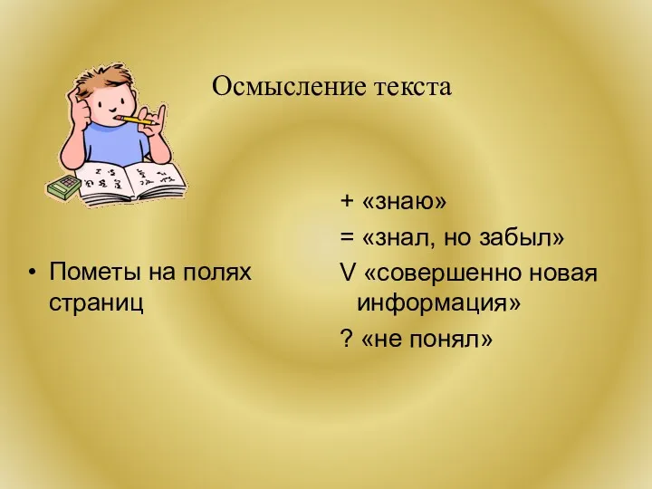 Осмысление текста Пометы на полях страниц + «знаю» = «знал,