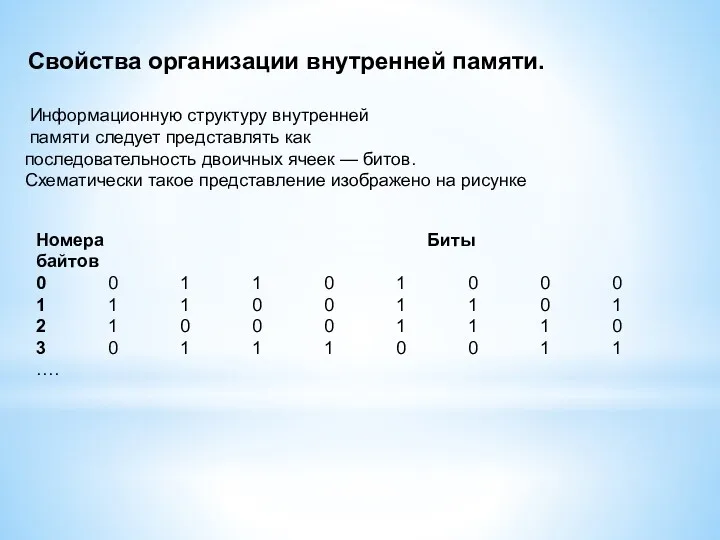 Свойства организации внутренней памяти. Информационную структуру внутренней памяти следует представлять