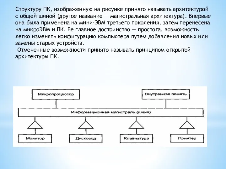 Структуру ПК, изображенную на рисунке принято называть архитектурой с общей шиной (другое название