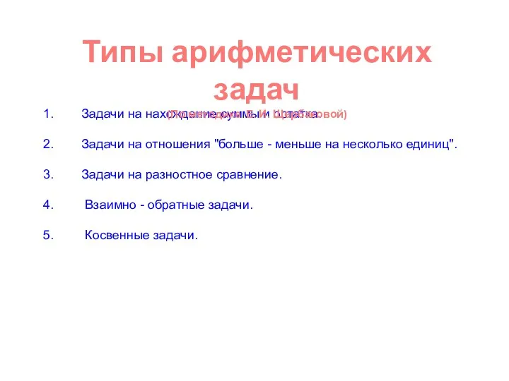 1. Задачи на нахождение суммы и остатка. 2. Задачи на