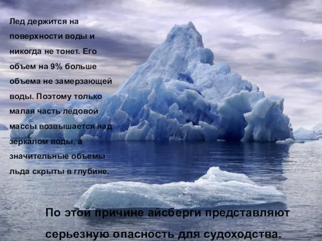 Лед держится на поверхности воды и никогда не тонет. Его