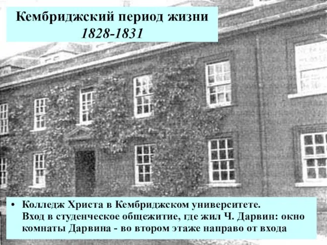 Кембриджский период жизни 1828-1831 Колледж Христа в Кембриджском университете. Вход