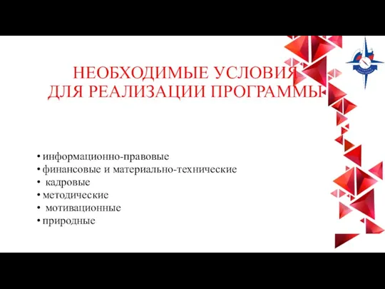 НЕОБХОДИМЫЕ УСЛОВИЯ ДЛЯ РЕАЛИЗАЦИИ ПРОГРАММЫ информационно-правовые финансовые и материально-технические кадровые методические мотивационные природные