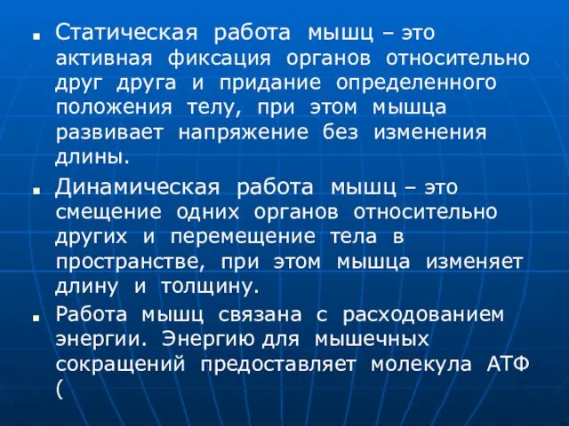 Статическая работа мышц – это активная фиксация органов относительно друг