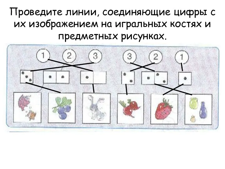 Проведите линии, соединяющие цифры с их изображением на игральных костях и предметных рисунках.