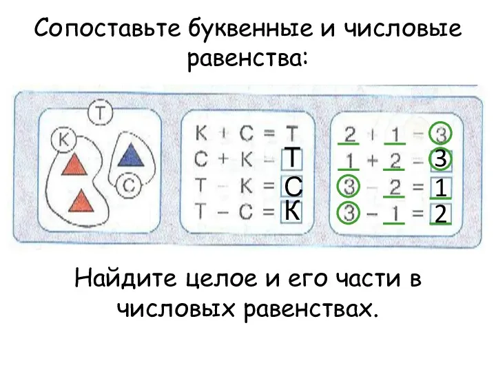 Сопоставьте буквенные и числовые равенства: Т 3 С 1 К