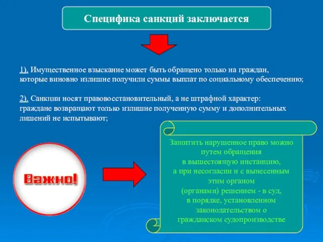 Специфика санкций заключается 1). Имущественное взыскание может быть обращено только