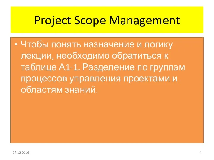 Project Scope Management Чтобы понять назначение и логику лекции, необходимо