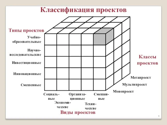 Социаль- ные Смешан-ные Организа-ционные Смешенные Инновационные Мультипроект Монопроект Мегапроект Инвестиционные