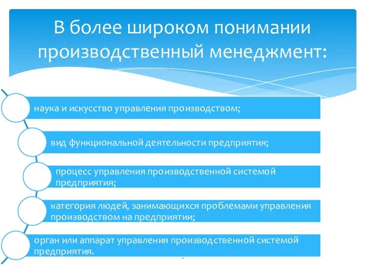 В более широком понимании производственный менеджмент: