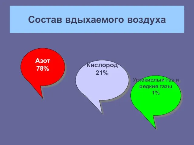 Состав вдыхаемого воздуха Азот 78% Кислород 21% Углекислый газ и редкие газы 1%