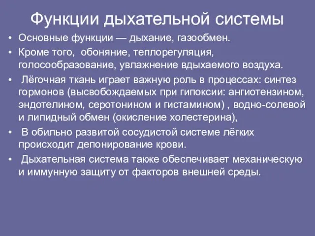 Функции дыхательной системы Основные функции — дыхание, газообмен. Кроме того,