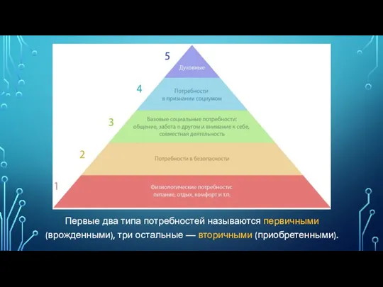 Первые два типа потребностей называются первичными (врожденными), три остальные — вторичными (приобретенными).