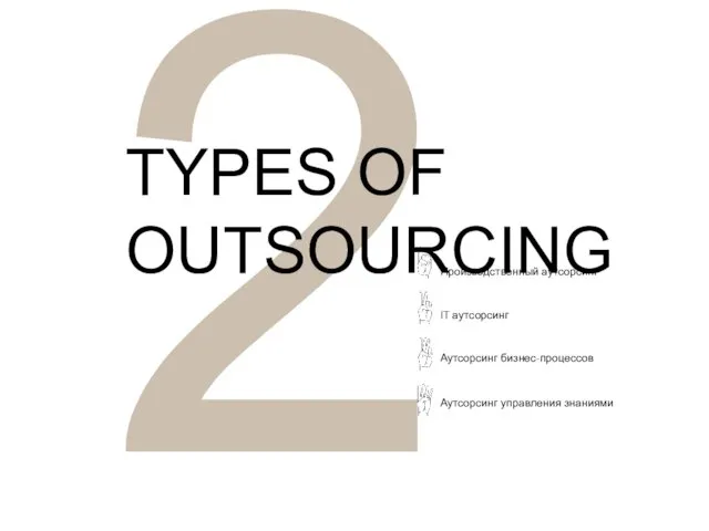 2 TYPES OF OUTSOURCING Производственный аутсорсинг IT аутсорсинг Аутсорсинг бизнес-процессов Аутсорсинг управления знаниями